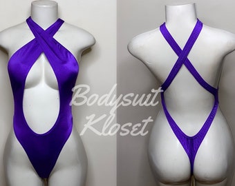 Exotic Dancewear Purple Thong Bodysuit •Stripper Dancewear•Rave Outfits• Club-Attire •by Bodysuitkloset