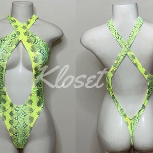 Exotic Dancewear Neon Yellow Snake  Thong Bodysuit •Stripper Dancewear•Rave Outfits• Club-Attire •by Bodysuitkloset