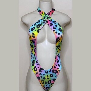 Exotic Dancewear Neon Leopard Thong Bodysuit •Stripper Dancewear•Rave Outfits• Club-Attire •by Bodysuitkloset