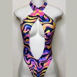 Exotic Dancewear Black Groovy Thong Bodysuit •Stripper Dancewear•Rave Outfits• Club-Attire •by Bodysuitkloset