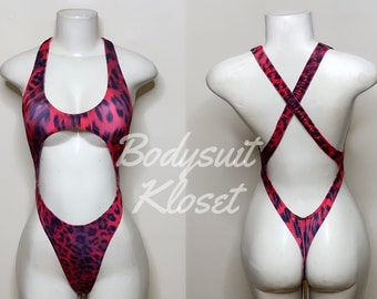 Exotic Dancewear Red Cheetah Thong Bodysuit •Stripper Dancewear•Rave Outfits• Club-Attire •by Bodysuitkloset