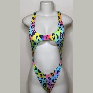 Exotic Dancewear Neon Leopard Thong Bodysuit •Stripper Dancewear•Rave Outfits• Club-Attire •by Bodysuitkloset