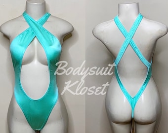 Exotic Dancewear Seafoam Thong Bodysuit •Stripper Dancewear•Rave Outfits• Club-Attire •by Bodysuitkloset