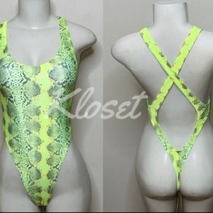 Exotic Dancewear Neon Yellow Snake  Thong Bodysuit •Stripper Dancewear•Rave Outfits• Club-Attire •by Bodysuitkloset