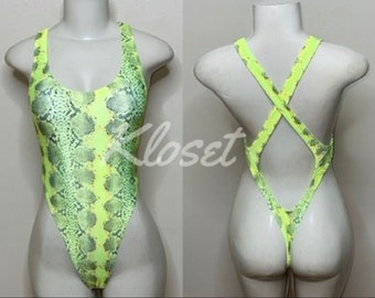 Exotic Dancewear Neon Yellow Snake  Thong Bodysuit •Stripper Dancewear•Rave Outfits• Club-Attire •by Bodysuitkloset