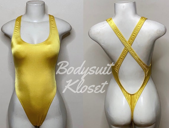 Exotic Dancewear Gold Thong Bodysuit stripper Dancewearrave Outfits  Club-attire by Bodysuitkloset 
