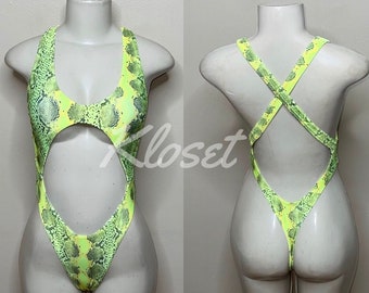 Exotic Dancewear Neon Yellow Snake  Thong Bodysuit •Stripper Dancewear•Rave Outfits• Club-Attire •by Bodysuitkloset