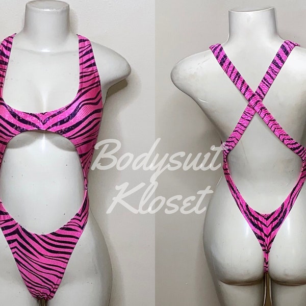 Exotic Dancewear Pink Zebra Holographic Thong Bodysuit •Stripper Dancewear•Rave Outfits• Club-Attire •by Bodysuitkloset