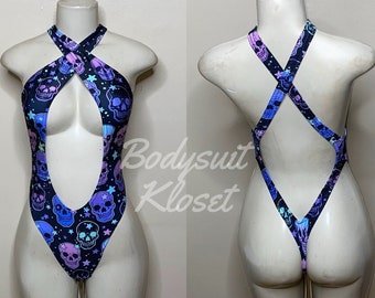 Exotic Dancewear Purple Skull Thong Bodysuit •Stripper Dancewear•Rave Outfits• Club-Attire •by Bodysuitkloset