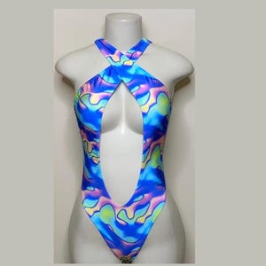 Exotic Dancewear Blue Groovy Thong Bodysuit •Stripper Dancewear•Rave Outfits• Club-Attire •by Bodysuitkloset
