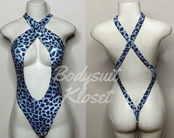 Exotic Dancewear Silver Cheetah Thong Bodysuit •Stripper Dancewear•Rave Outfits• Club-Attire •by Bodysuitkloset