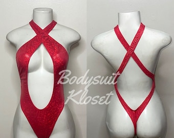 Exotic Dancewear Red Holographic Thong Bodysuit •Stripper Dancewear•Rave Outfits• Club-Attire •by Bodysuitkloset