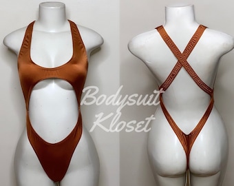 Exotic Dancewear Copper Thong Bodysuit •Stripper Dancewear•Rave Outfits• Club-Attire •by Bodysuitkloset