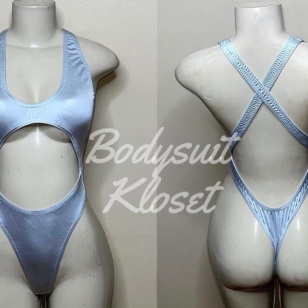 Exotic Dancewear Silver Thong Bodysuit •Stripper Dancewear•Rave Outfits• Club-Attire •by Bodysuitkloset