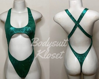 Exotic Dancewear Hunter Holographic Thong Bodysuit •Stripper Dancewear•Rave Outfits• Club-Attire •by Bodysuitkloset