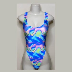 Exotic Dancewear Blue Groovy Thong Bodysuit •Stripper Dancewear•Rave Outfits• Club-Attire •by Bodysuitkloset