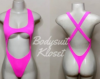 Exotic Dancewear Neon Pink Thong Bodysuit •Stripper Dancewear•Rave Outfits• Club-Attire •by Bodysuitkloset