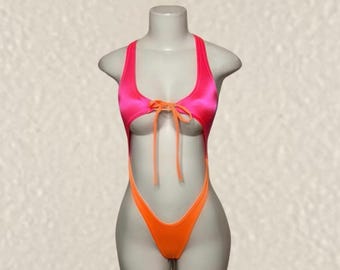 Exotic Dancewear  Coral Neon Orange Thong Bodysuit • Stripper • Dancer • Rave Outfits • Club-Attire • Pole | BodysuitKloset