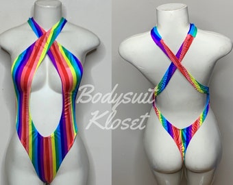 Exotic Dancewear Rainbow Thong Bodysuit •Stripper Dancewear•Rave Outfits• Club-Attire •by Bodysuitkloset