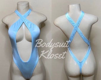 Exotic Dancewear Baby Blue Thong Bodysuit •Stripper Dancewear•Rave Outfits• Club-Attire •by Bodysuitkloset