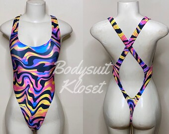 Exotic Dancewear Black Groovy Thong Bodysuit •Stripper Dancewear•Rave Outfits• Club-Attire •by Bodysuitkloset