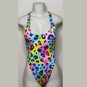 Exotic Dancewear Neon Leopard Thong Bodysuit •Stripper Dancewear•Rave Outfits• Club-Attire •by Bodysuitkloset