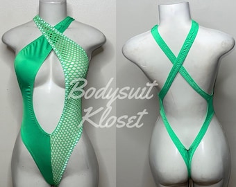 Exotic Dancewear Green Thong Bodysuit •Stripper Dancewear•Rave Outfits• Club-Attire •by Bodysuitkloset