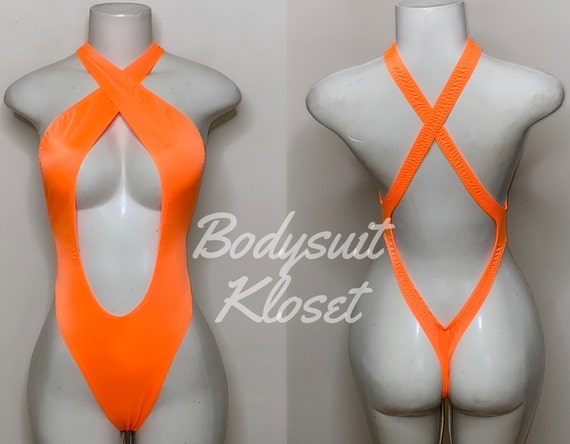 Exotic Dancewear Neon Orange Thong Bodysuit stripper Dancewearrave Outfits  Club-attire by Bodysuitkloset 