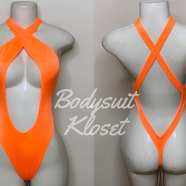 Exotic Dancewear Neon Orange Thong Bodysuit •Stripper Dancewear•Rave Outfits• Club-Attire •by Bodysuitkloset