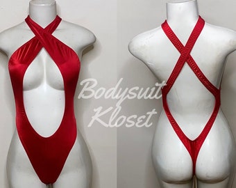 Exotic Dancewear Brick Red Thong Bodysuit •Stripper Dancewear•Rave Outfits• Club-Attire •by Bodysuitkloset