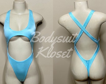 Exotic Dancewear Baby Blue Thong Bodysuit •Stripper Dancewear•Rave Outfits• Club-Attire •by Bodysuitkloset