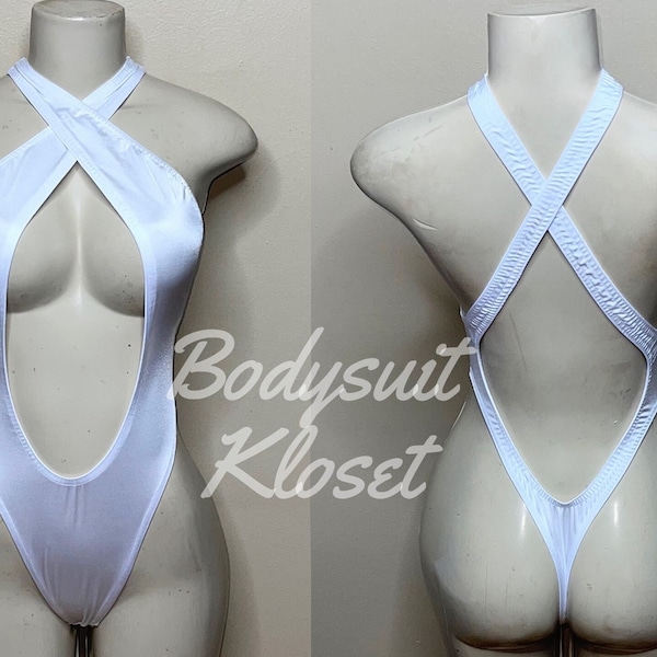 Exotic Dancewear White Thong Bodysuit •Stripper Dancewear•Rave Outfits• Club-Attire •by Bodysuitkloset