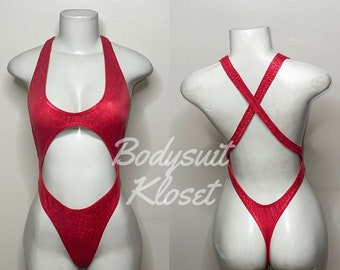 Exotic Dancewear Red Holographic Thong Bodysuit •Stripper Dancewear•Rave Outfits• Club-Attire •by Bodysuitkloset