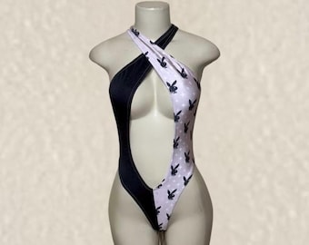 Exotic Dancewear Black Bunny Blush Thong Bodysuit • Outfit • Dance • Rave • Club • Gift | BodysuitKloset