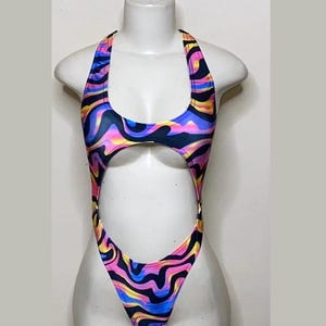 Exotic Dancewear Black Groovy Thong Bodysuit •Stripper Dancewear•Rave Outfits• Club-Attire •by Bodysuitkloset