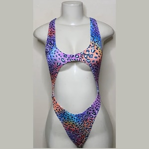 Exotic Dancewear Cheetah Thong Bodysuit •Stripper Dancewear•Rave Outfits• Club-Attire •by Bodysuitkloset
