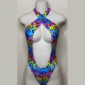 Exotic Dancewear Cheetah Thong Bodysuit •Stripper Dancewear•Rave Outfits• Club-Attire •by Bodysuitkloset