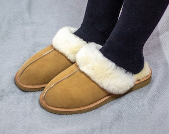 Sheepskin slippers for women with real sheepskin fur, hand crafted house winter slippers