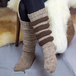 100% sheep wool handknitted slouchy socks, woman knee high beige and brown socks