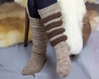 100% sheep wool handknitted slouchy socks, woman knee high beige and brown socks