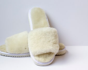 Woman cool bride slippers with real sheepskin fur, hand crafted house open toe slippers