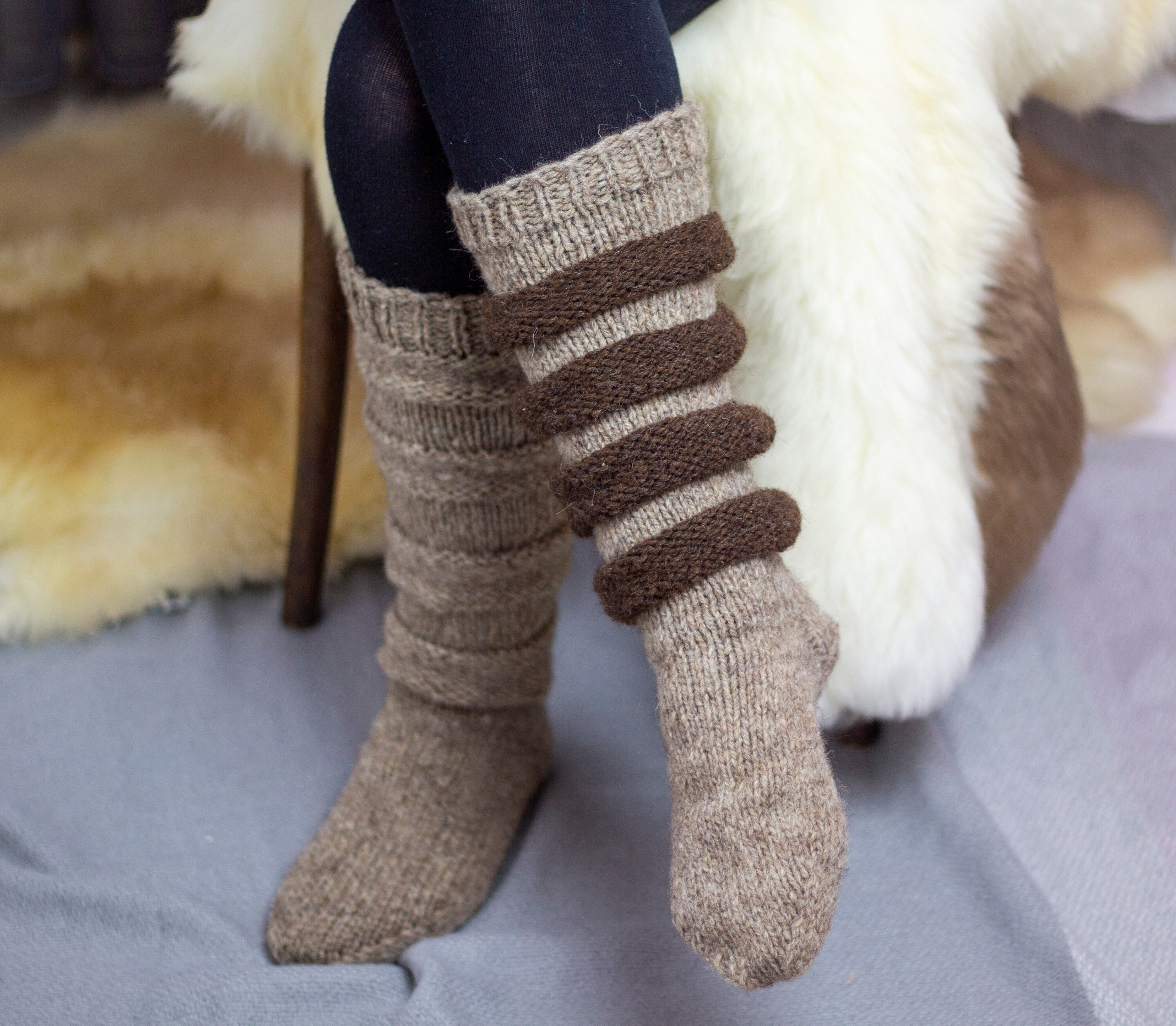 100% sheep wool handknitted slouchy socks, woman knee high beige and brown socks