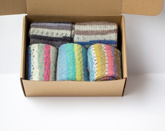 Set of 5 pairs wool thick colorful warm winter socks, a box with knitted socks in bulk