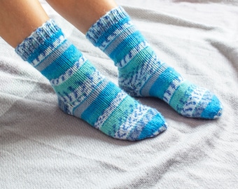 Colorful hand knitted woman socks, handmade cozy socks