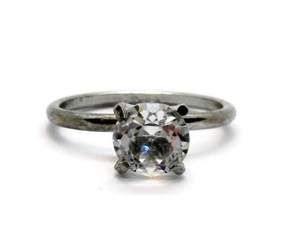 Vintage solitaire ring, crystal ring, faux diamond ring