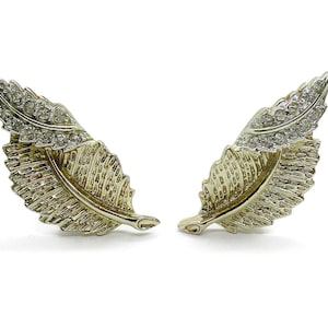 Vintage Sarah Coventry gold tone and rhinestone leaf clip earrings