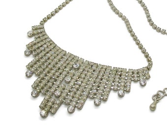 Clear rhinestone short bib necklace, vintage formal necklace