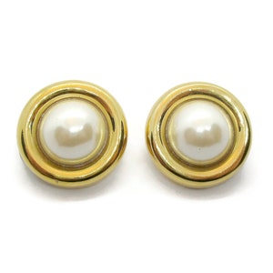 Vintage clip on earrings, large round pearl and gold tone clip earrings