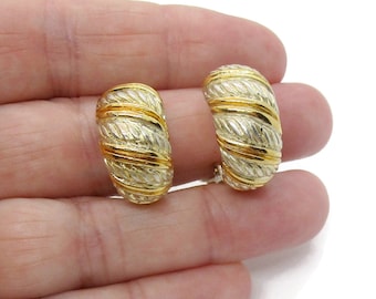 Vintage gold tone clip on earrings, textured gold tone half hoop clip earrings