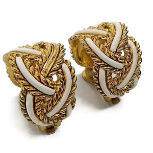Big cream and gold tone woven half hoop clip earrings, large vintage clip ons